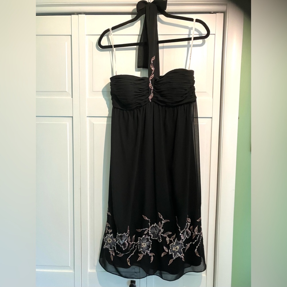 Vintage‎ Y2K Black Chiffon Embellished Sequined Evening Halter Dress sz 10 Gauzy